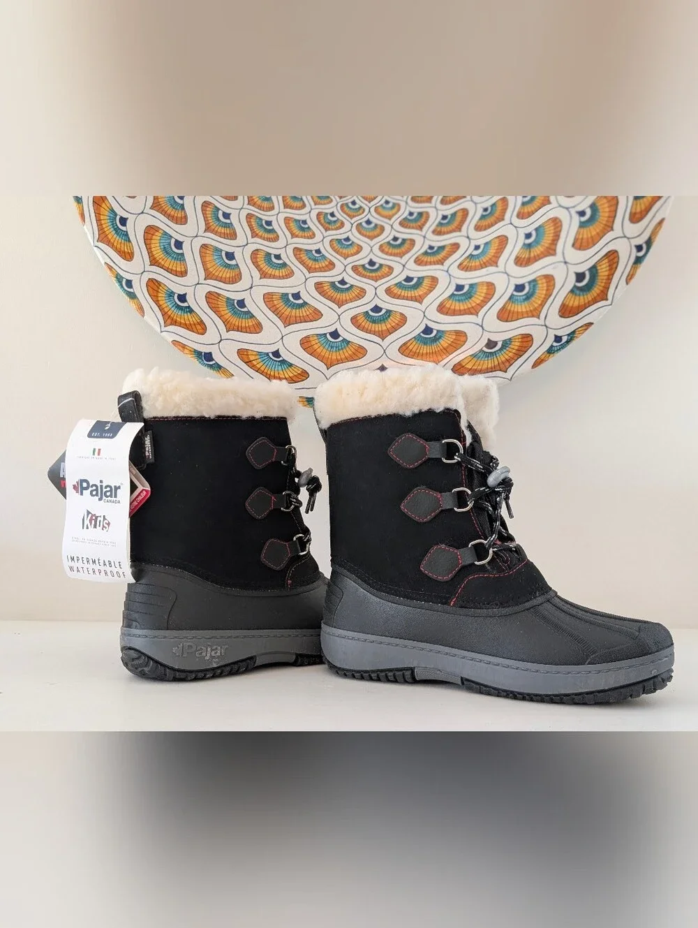 Pajar Kids Black Winter Lace-Up Boots with Shearling Collar